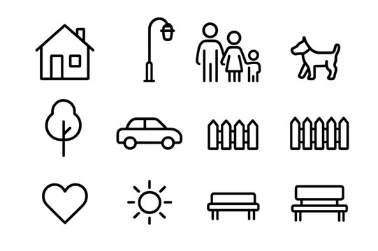 Neighborhood Icons Set. Neighborhood walk. Line icon set of neighborhood walk: house, street lamp, family walking, dog, tree, car, fence, heart, sun, bench.