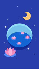 Tranquil night scene with pink lotus flowers and crescent moon