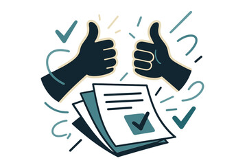 Obraz premium Dynamic Approval Scene. Approved proofs. Glowing hands giving a thumbs up over printed sheets, abstract floating checkmarks and light lines emphasizing
