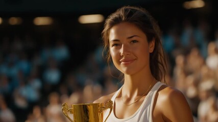 Female tennis champion holding trophy on Wimbledon Centre Court, emotion of pride and triumph visible, symbolizing excellence, perseverance, and achievement in international professional sports.