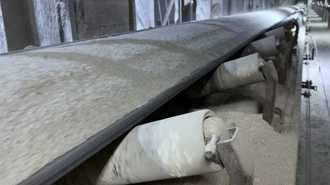 A dynamic, close-up shot captures a heavy industrial conveyor belt transporting a high volume of crushed material, such as cement or limestone, at great speed through a dark factory interior. The stee