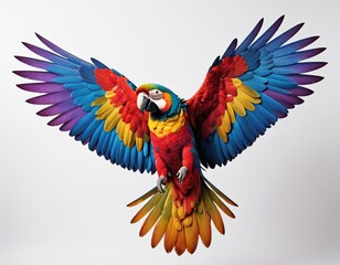 Fototapeta premium Colorful macaw soars against a bright background showcasing stunning feather patterns and vibrant hues of red, blue, and yellow in a dynamic display of nature's beauty Generative AI