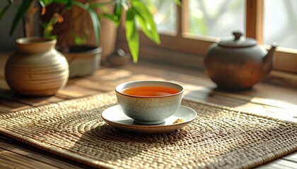 Warm Amber Tea Brewed in a Ceramic Cup and Saucer Rests on a Woven Mat with Sunlight Streaming Through a Window Creating Dramatic Shadows and Illuminating a Decorative Vase and Teapot