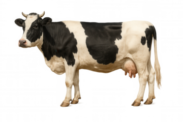 Holstein cow standing, looking, black and white dairy animal, farm livestock, milk production