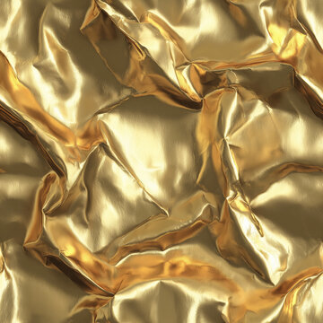 High-Resolution Seamless Shiny Crumpled Gold Foil Texture, Highly Reflective Metallic Surface