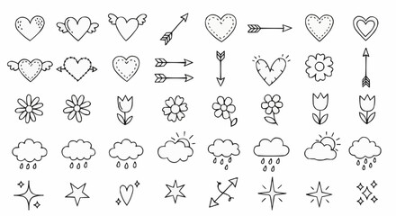 Hand drawn doodle icons set with hearts arrows flowers clouds and stars.