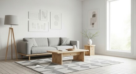 Modern living room with grey sofa and wooden coffee table isolated on white background