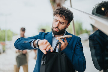 Businessman multitasking outside, checking time on smart watch and using smartphone.