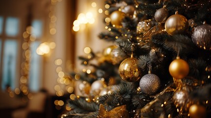 金と銀のオーナメントが輝く、豪華なクリスマスツリーのクローズアップ