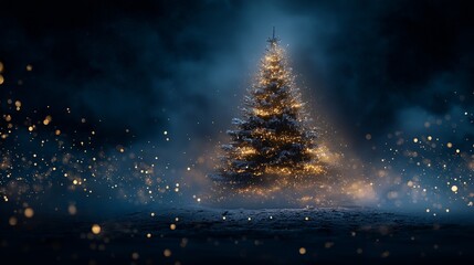 雪降る聖夜、森の中で一本だけ輝くクリスマスツリー