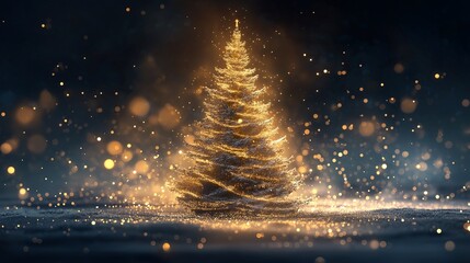 黄金の光と粒子に包まれた、魔法のクリスマスツリー