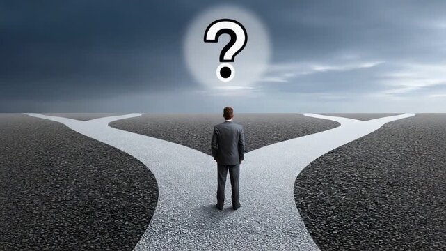 A business professional stands at a crossroads, contemplating decisions. The dark skies and multiple paths symbolize uncertainty and the challenges of making choices in life.