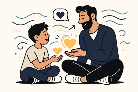 Heartfelt Communication. Respectful communication. Parent and child sitting together on the floor, exchanging glowing heart-shaped icons. Calm energy waves
