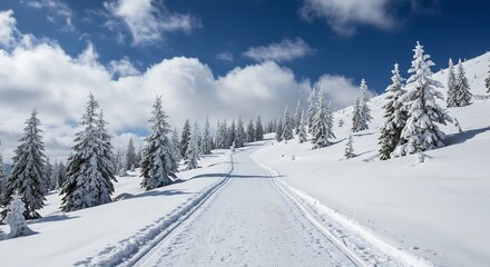 Snowy Winter Trail in Scenic Mountains with Blue Sky with Clouds, and Perfect for Winter Sports.