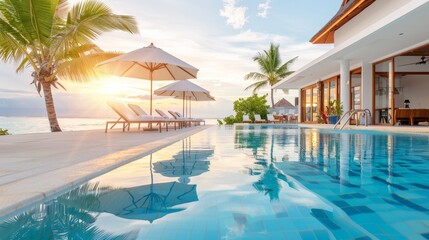 Fototapeta premium Elegant luxury hotel infinity pool with ocean view under bright sunlight for tropical getaway