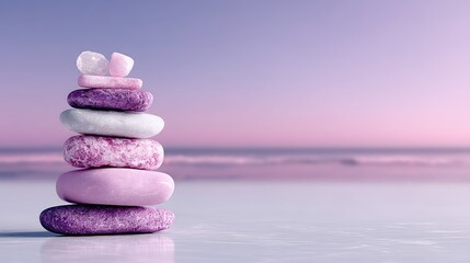 Zen Stones Tower in Purple Hues on Sandy Beach at Sunset Serene Spa Balance Theme