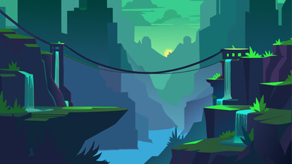 Futuristic cityscape with waterfalls and lush greenery