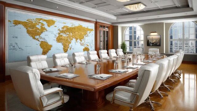 Global Strategies Meeting: A boardroom designed for impactful strategy sessions, boasting a comprehensive world map and sleek, contemporary furnishings that facilitate insightful global discussions. 