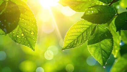 Sunlight filtering through vibrant green leaves glistening with morning dew droplets creating a tranquil and refreshing natural scene with soft bokeh background