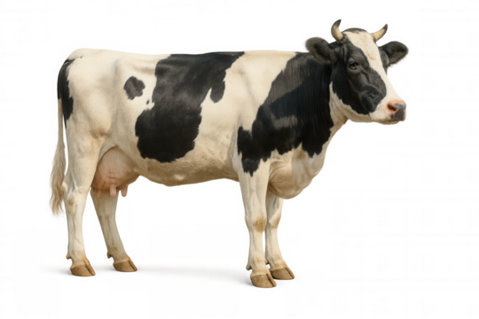 Holstein dairy cow standing, black and white cattle, farming animal cutout, transparent background