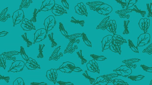 Artistic vegetable pattern with spinach, asparagus, and scallions on teal background suitable for food blogs, menus, and recipe cards.
