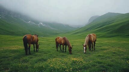 Three brown horses grazing on green meadows.