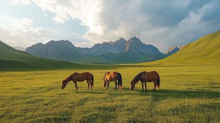 Three brown horses grazing on green meadows.