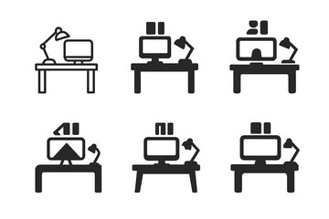 Home Office Icons. Designing home office spaces for productivity. Set Logo of Interior design: functional desk setup icon. harmonious logo variations of the