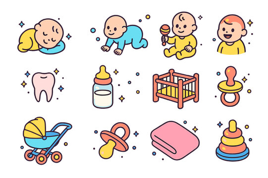 Infancy Milestones Icons. Infancy milestones. Colorful isometric vector icons set of infancy milestones: baby sleeping, crawling, holding rattle, first smile,