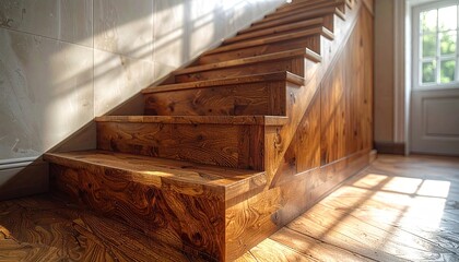 Sunlight Streaming Through Window Illuminating Wooden Staircase With Textured Walls And Greenery Visible Outside