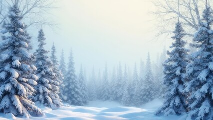 Serene winter forest scene, snow-covered trees and misty atmosphere