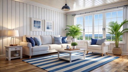 Fototapeta premium Serene coastal living room invites relaxation with stunning ocean views and bright, airy nautical decor, perfect for a peaceful escape.