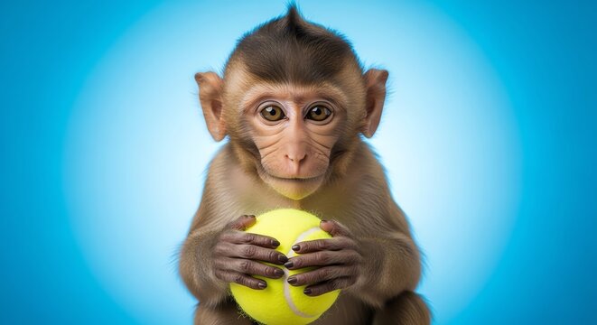 Baby monkey holding a yellow tennis ball