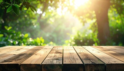 Sunlight Streams Through Lush Green Forest Trees Illuminating Wet Wooden Tabletop Outdoor Nature Scene