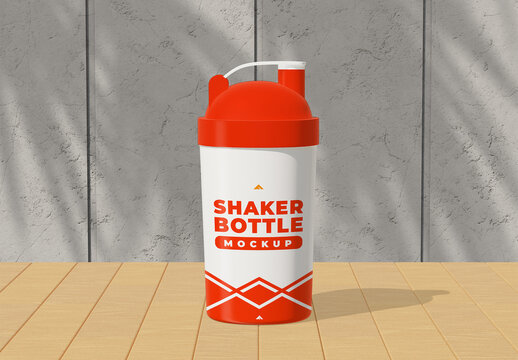 Fitness Shaker Bottle Mockup with White and Red Top for Protein Supplement
