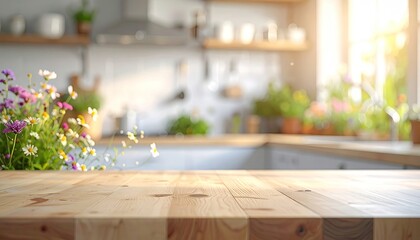 Sunlit Kitchen Countertop with Fresh Wildflowers and Blurred Background