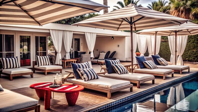Luxurious poolside lounge area with striped umbrellas, comfortable chaises, and vibrant red accent table invites relaxation and resort-style living.
