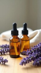 Amber Serum Bottles with Lavender on Oak Wood