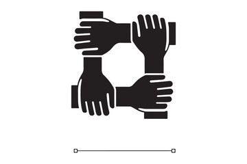 Four black hands clasped together forming a square isolated on white background
