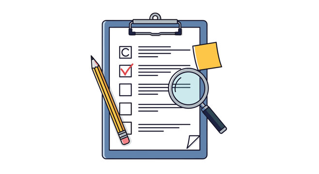 Checklist with a magnifying glass and pencil illustration.