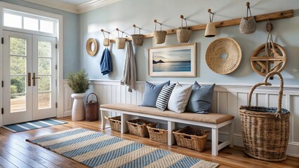 Serene coastal entryway invites relaxation with natural textures, soft blues, and ocean art creating a tranquil, welcoming atmosphere for any home.