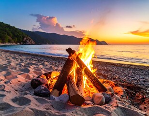 Bonfire on sandy beach at sunset, with ocean and distant mountains
