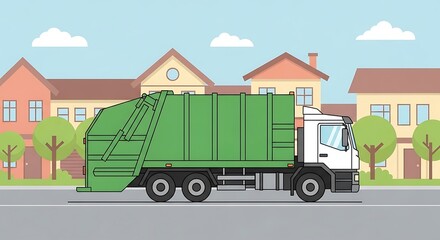 Green garbage truck city street.