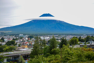 Mount Fuji view. Mt Fujisan in Fujikawaguchiko, Yamanashi, Japan. Landmark for tourists attraction. Japan Travel, Destination, Vacation and Mount Fuji Day concept