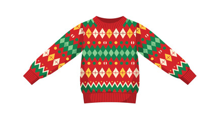 A red patterned sweater with diamond and zig zag designs and ribbed cuffs and neckline.