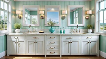 Serene coastal bathroom design featuring elegant white vanity, dual sinks, and light mint green paneled walls with natural light.