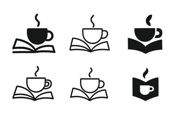 Morning Coffee Logos. Morning coffee ritual. Set Logo of Morning coffee ritual: Coffee cup beside open book. harmonious logo variations of the same emblematic