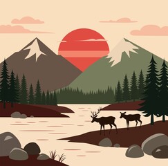  Landscape with forest and wild deer