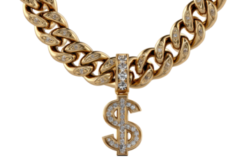 Gold cuban link chain with dollar sign pendant, studded with diamonds