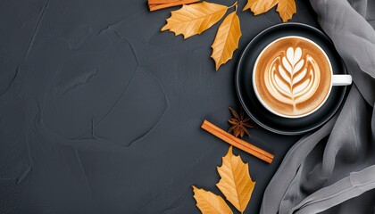 Cozy halloween coffee cup featuring latte art, cinnamon sticks, and autumn leaves in a flat lay